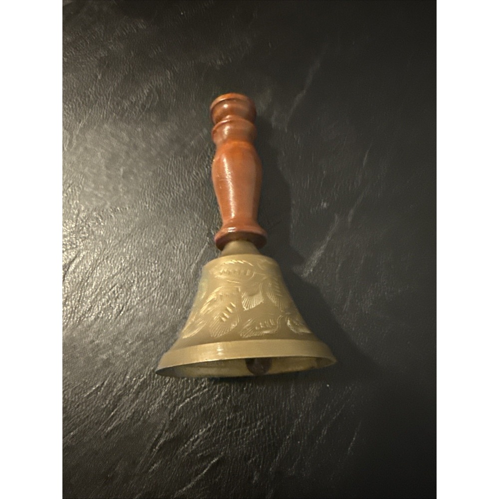 Vintage Brass Bell India "Bells of Sarna" Wooden Handle Etched Floral 916-1